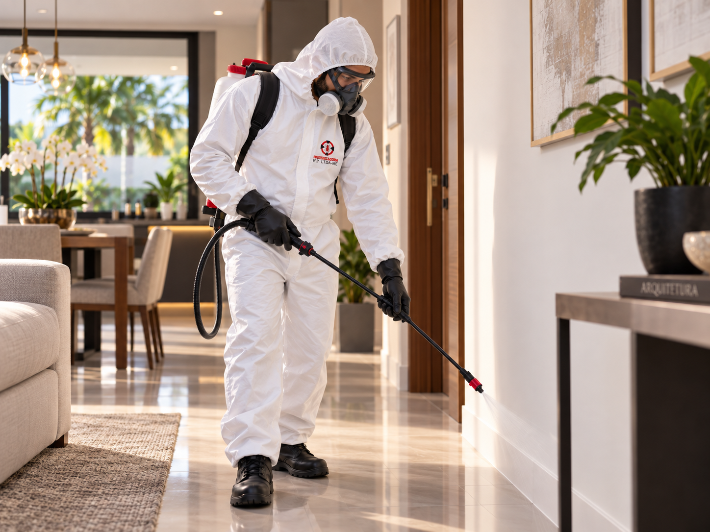 Profissional realizando aplicação de controle de pragas em ambiente residencial